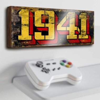 1941 retro arcade game sign, handmade wooden video game plaque