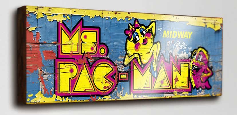 Ms Pac-Man retro style gaming sign. Ms Pacman wooden sign