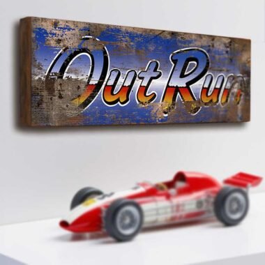 Outrun arcade driving video game wooden sign