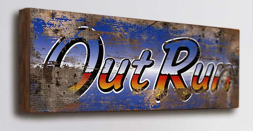 Outrun arcade driving video game wooden sign