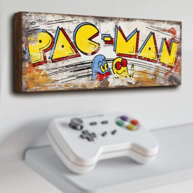 Pac-Man retro style wooden arcade gaming sign. Handmade video game plaque