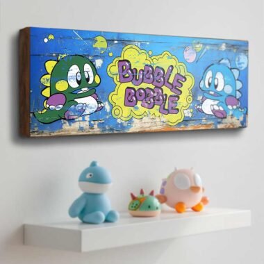 Celebrate the timeless charm of Bubble Bobble with our Retro Game Sign. Perfect for adding a touch of arcade nostalgia to any space. Order now and bring home the magic of Bub and Bob!