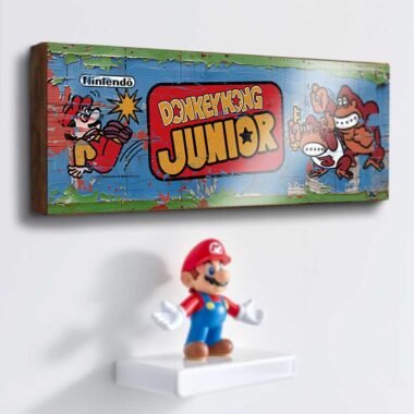 Donkey Kong Junior Retro Game Sign. Featuring vibrant, vintage-inspired artwork from the beloved 1982 Nintendo game, this sign is a perfect addition for any retro gaming enthusiast's collection.