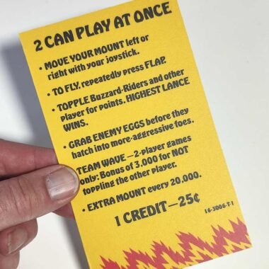 Joust arcade game instruction card. Retro game signs