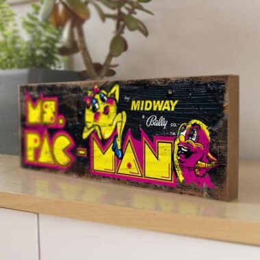 Ms. Pac-Man Retro Game Sign. This sign brings to life the nostalgic graphics and vibrant colors of the beloved classic game