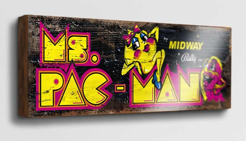 Ms. Pac-Man Retro Game Sign. This sign brings to life the nostalgic graphics and vibrant colors of the beloved classic game