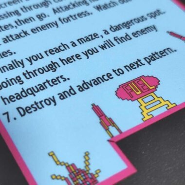 Scramble arcade game instruction card. Retro game signs